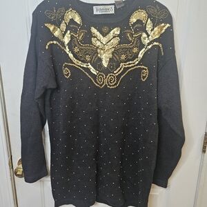Vintage Black Sweater Gold Sequin & Bead Embellishments 90s Size Large Y2K Retro